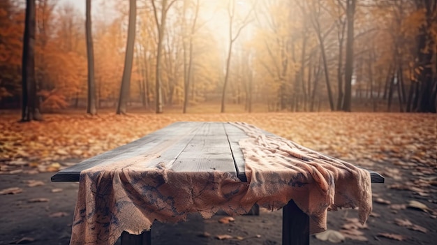 Photo un banc en bois dans une forêt avec un fond feuillu