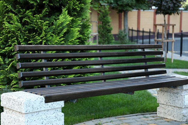 Banc en bois dans le parc en plein air en belle journée.