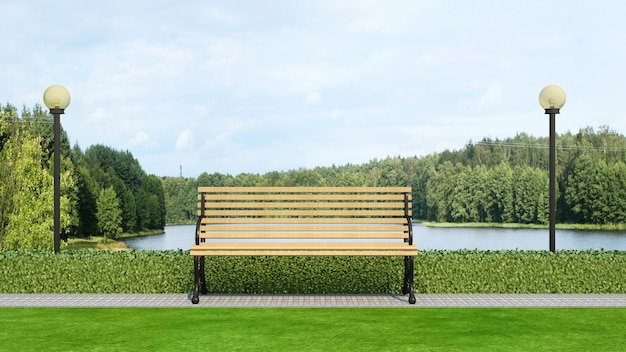 Banc en bois dans le parc et la vue sur le lac