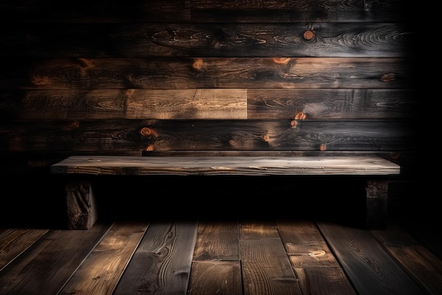 Un banc en bois dans une pièce avec un mur en bois derrière.