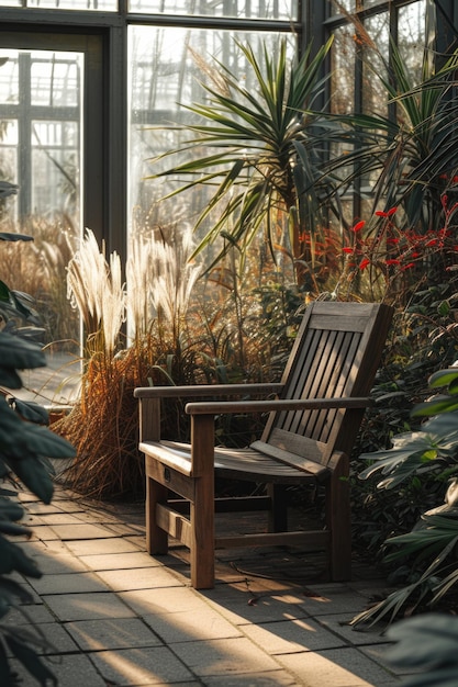 Un banc en bois dans une serre paisible avec la lumière du soleil filtrant à travers