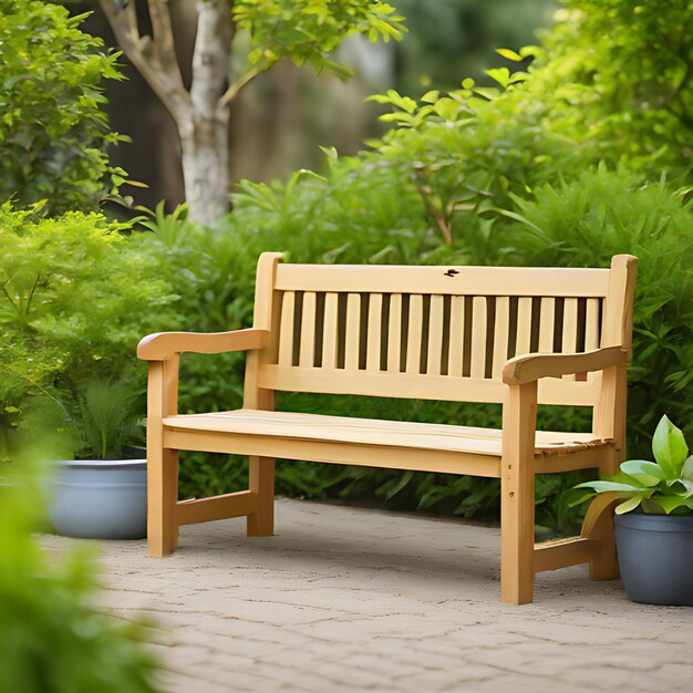 un banc en bois est assis devant un buisson avec des plantes en arrière-plan