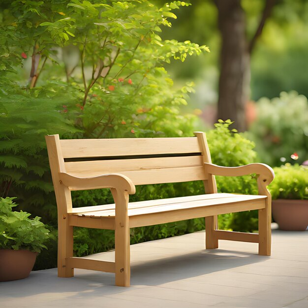 un banc en bois est assis sur un patio avec des plantes et des arbres en arrière-plan