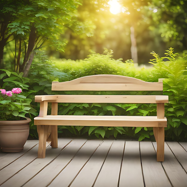 un banc en bois est assis sur un pont en bois avec une plante en pot et une plante en pots