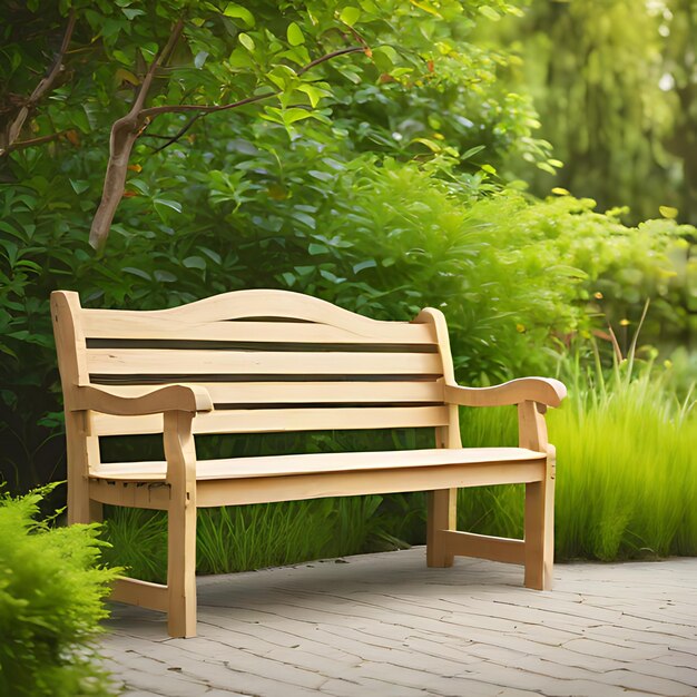 un banc en bois est devant un buisson vert