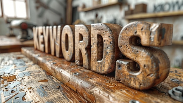 Photo banc en bois avec des mots-clés sculptés en bois