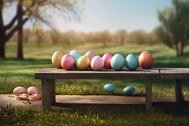 Un banc en bois avec des oeufs de pâques dessus