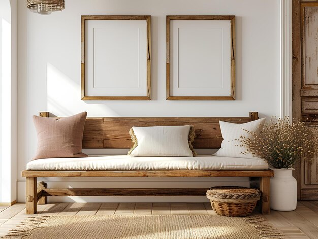 Un banc en bois avec des oreillers et un panier