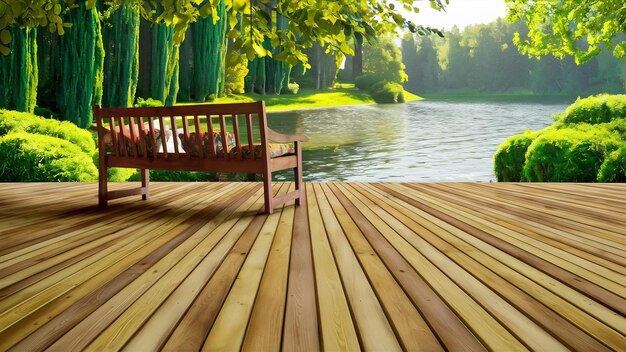 Un banc en bois sur le pont sur le lac entouré de verdure