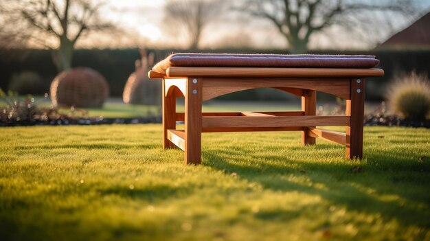 un banc en bois de teck sur la pelouse