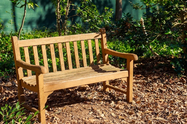 Un banc en bois vide dans un parc avec des feuilles sèches