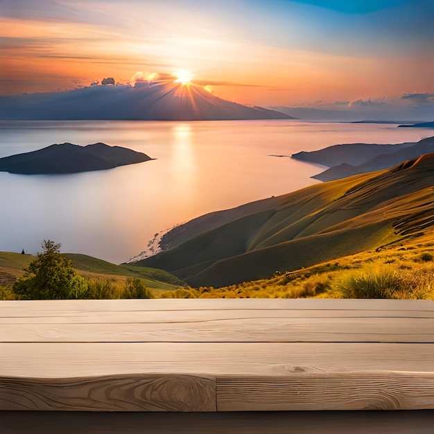 Photo un banc en bois avec vue sur la mer et un coucher de soleil en arrière-plan.