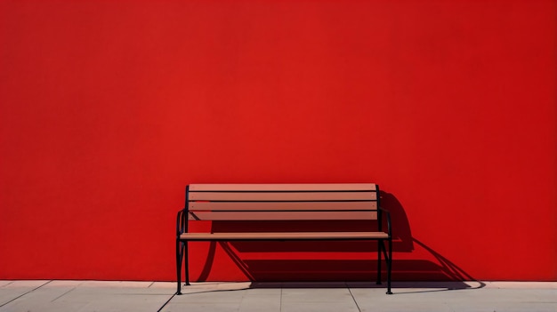 un banc contre un mur rouge avec une ombre