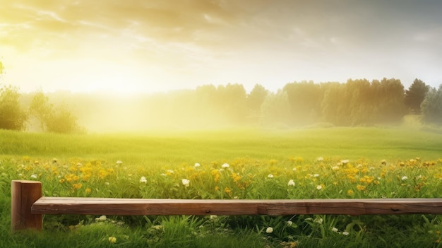 Un banc dans un champ avec un soleil qui brille dessus