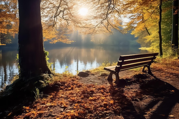 Banc dans la forêt d'automne avec la lumière du soleil AI