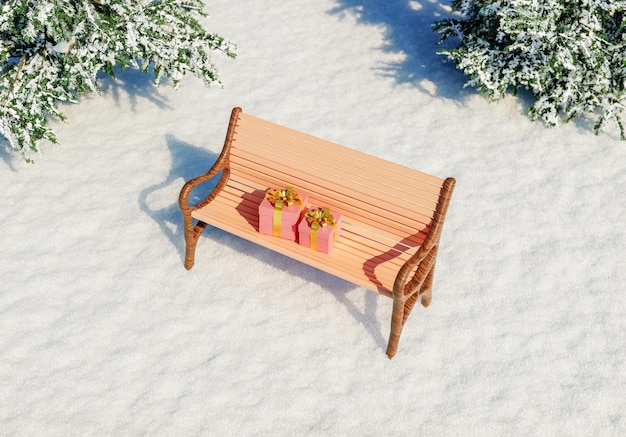 banc dans un parc enneigé avec des cadeaux