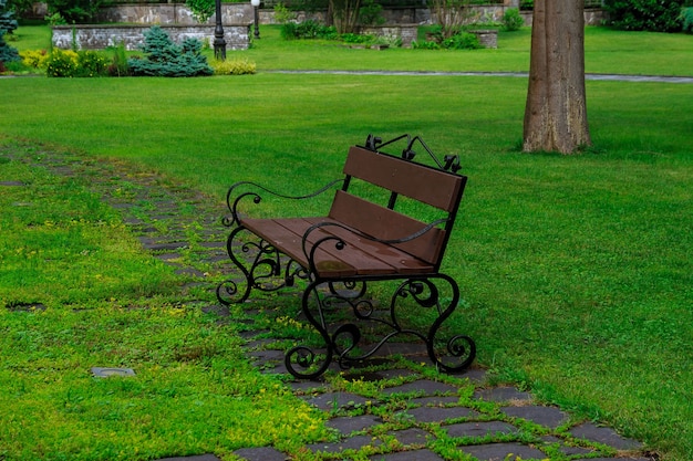 Banc dans le parc sur l'herbe verte