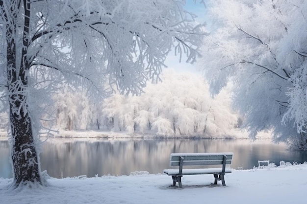 Banc dans le parc d'hiver enneigé de la ville avec un lac et de beaux arbres gelés le matin Illustration générative de l'IA