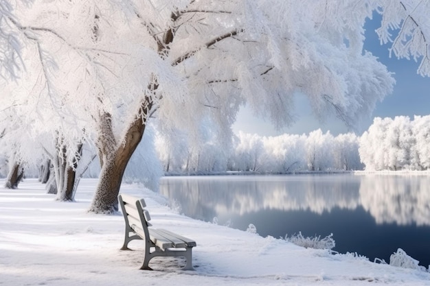 Banc dans le parc d'hiver enneigé de la ville avec un lac et de beaux arbres gelés le matin Illustration générative de l'IA