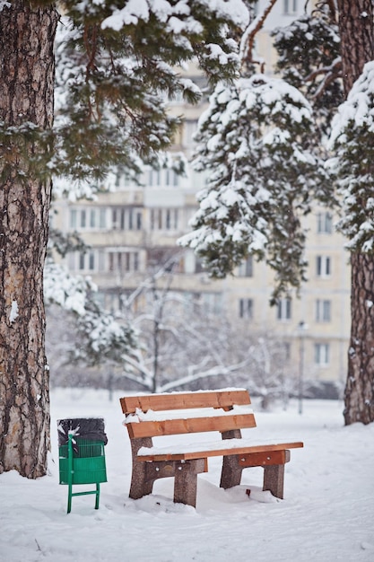 Banc dans le parc sous la neige