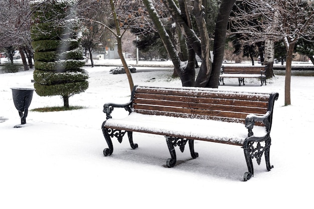 Le Banc Dans Le Parc De La Ville Est Couvert De Neige