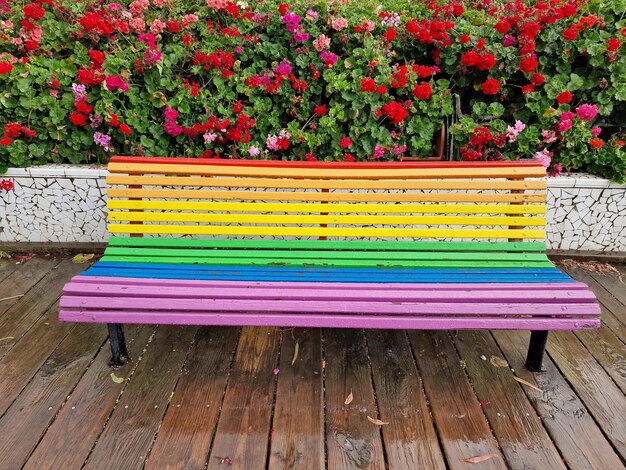 Banc de drapeau arc-en-ciel après la pluie à Valence