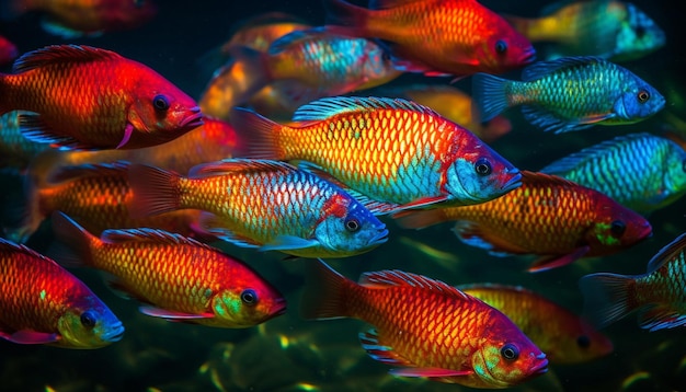 Banc dynamique de poissons nageant sous l'eau généré par l'IA