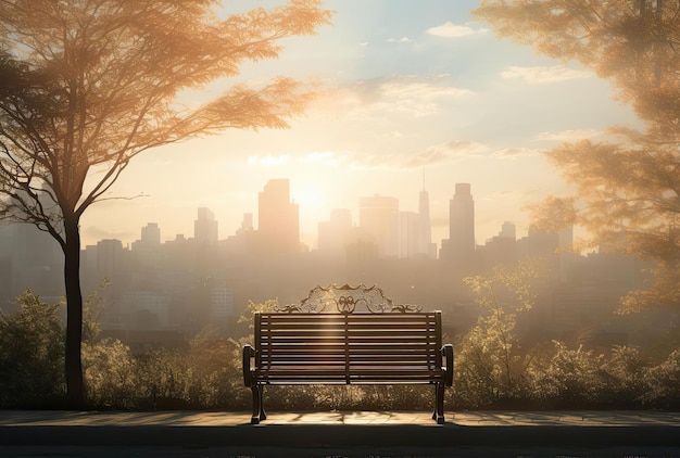 Photo un banc est assis dans un parc avec des vues sur la ville dans le style du romantisme brumeux