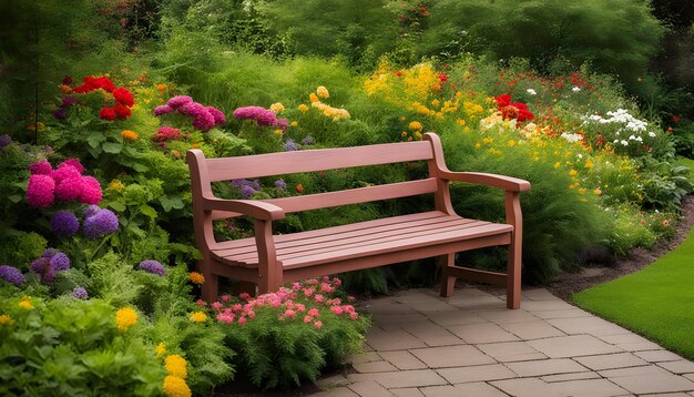 un banc est entouré de fleurs et de plantes