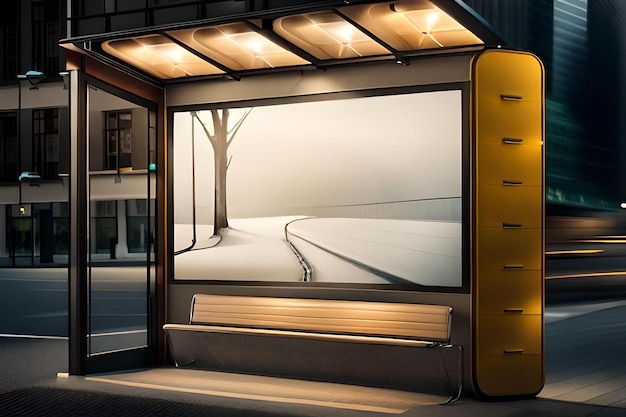 Photo un banc jaune avec une image d'une scène enneigée dessus.