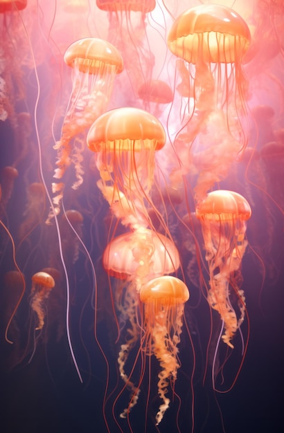 Un banc de magnifiques méduses roses nageant sous l'eau