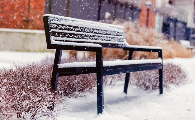 Banc Moderne Dans Un Loft Dans La Neige Pendant Les Chutes De Neige.