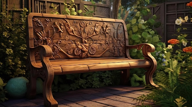 Photo un banc par un jardin de fleurs avec des buissons dans le style de grains de bois variés