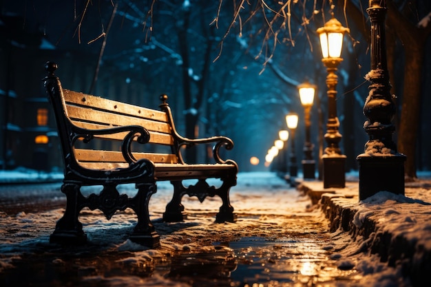 Un banc de parc assis sur un trottoir enneigé