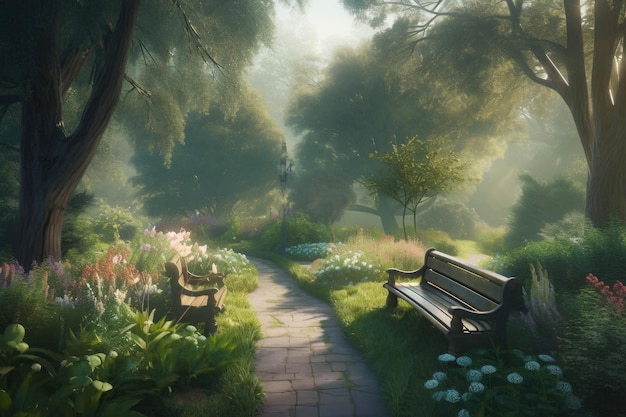 Un banc de parc au milieu d'une image ai générative de jardin