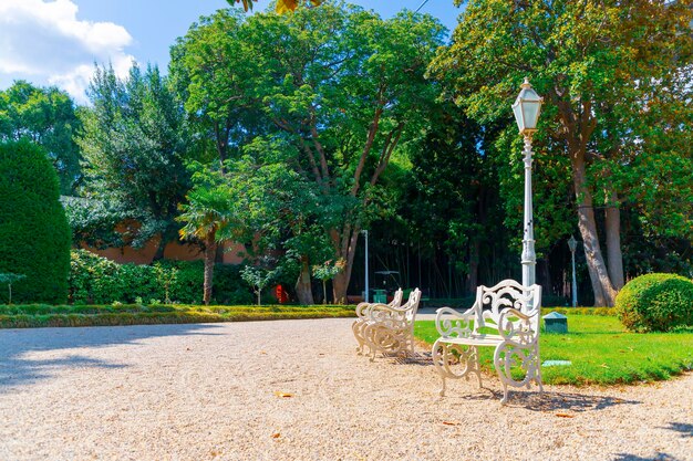 Photo un banc de parc avec un banc blanc et un poteau de lumière