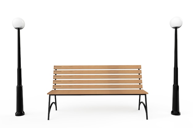 Banc de parc en bois avec lampadaires sur fond blanc