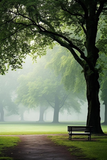 un banc de parc dans le brouillard avec un arbre en arrière-plan