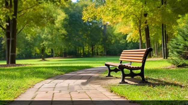 Un banc de parc dans un parc avec un arbre en arrière-plan.