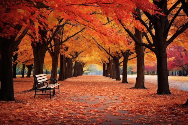 un banc de parc dans un parc d'automne serein entouré de feuilles colorées