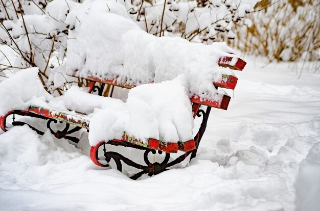 un banc de parc était recouvert de neige