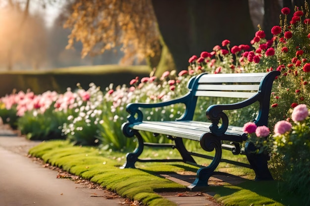 Un banc de parc avec des fleurs et un banc en arrière-plan