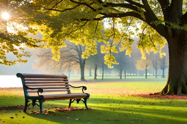 Un banc de parc le matin.