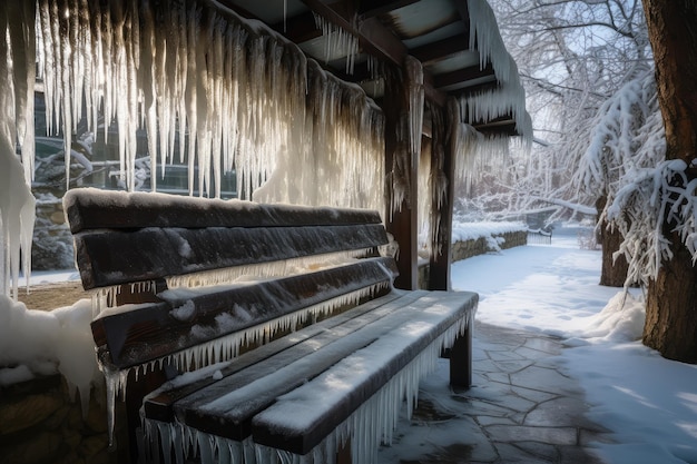 Banc de parc recouvert d'une couche de neige avec des glaçons suspendus au toit créé avec une IA générative