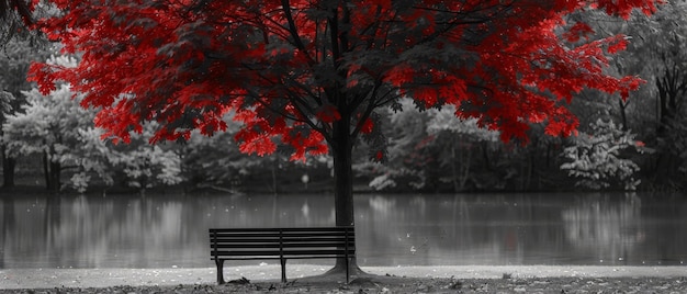 Banc de parc sous un arbre rouge avec un fond noir et blanc