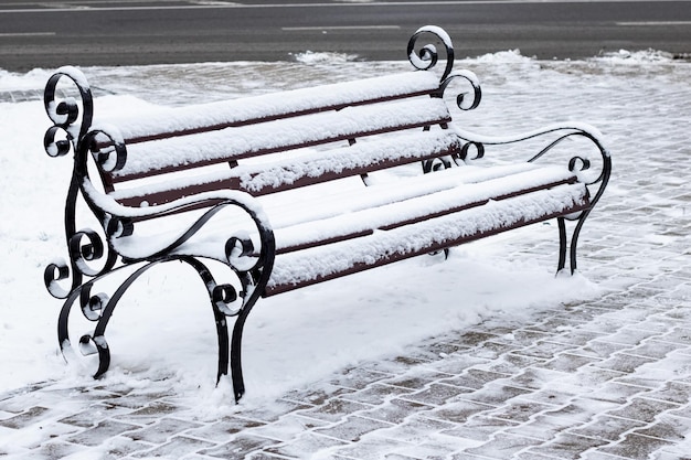 Banc de parc de style rétro sous la neige