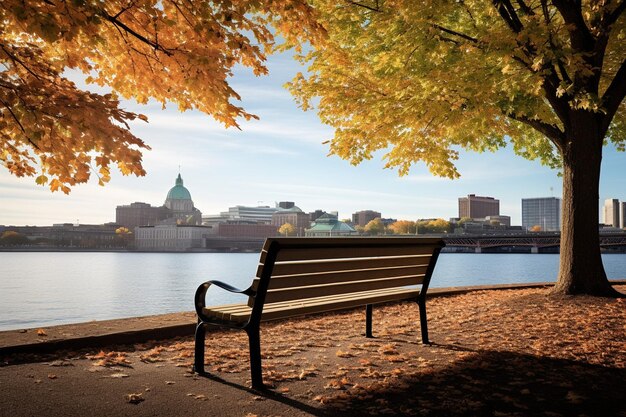 Banc de parc de la ville dans la rue près de la rivière et du centre-ville