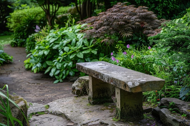 Un banc de pierre au milieu d'un jardin