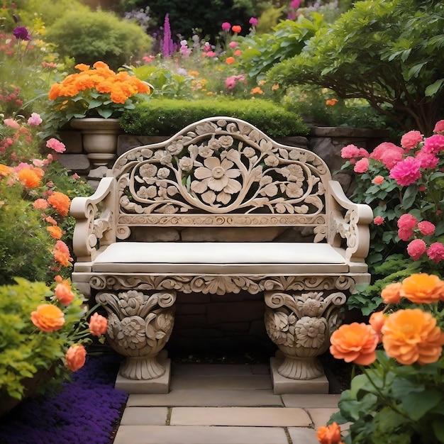 Banc en pierre finement sculpté niché dans un jardin fleuri vibrant Ai Generated