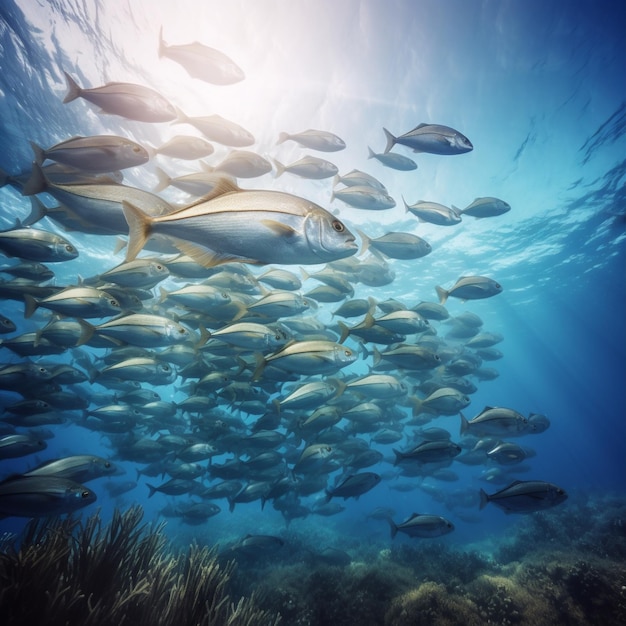 Banc de poissons dans des eaux claires protégeant les océans et promouvant des pratiques de pêche durables